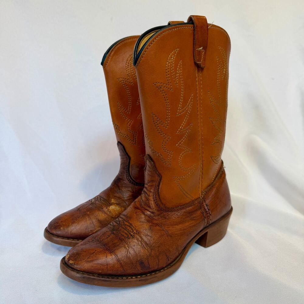 Vintage Youth Kids Cognac Brown Leather Western Cowboy Boots Size 2.5 D